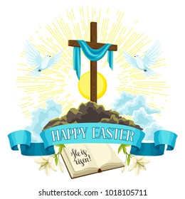 Wooden cross with shroud, bible and doves. Happy Easter concept illustration or greeting card. Religious symbols of faith.