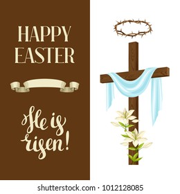 Wooden cross with shroud, lily, crown of thorns. Happy Easter concept illustration or greeting card. Religious symbols of faith.