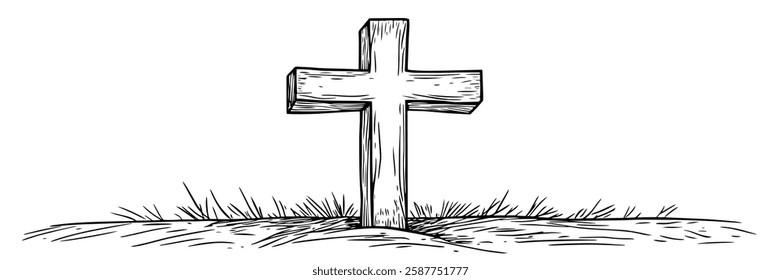 wooden cross standing on grassy hill in hand-drawn line art style