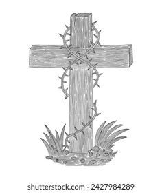 wooden cross with thorn. Easter . symbol of Christianity vintage engraving drawing illustration