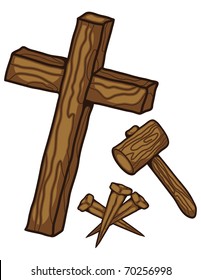 A wooden cross three nails and a hammer.