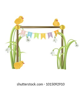 A wooden crossbeam with colorful festive flags hanging on it, little yellow chickens and white snowdrop flowers. Easter. Vector illustration, isolated on white background