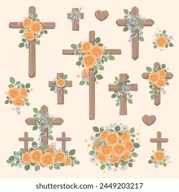 Wooden crosses of various sizes decorated with flowers and leaves Christianity and Catholicism