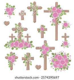 Wooden crosses of various sizes decorated with pink roses and leaves collection