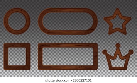 Wooden crown frame sign board vector. Cartoon wood texture game ui vintage border with star and square label isolated on transparent background. Brown rustic farm boarder nail panel element set.