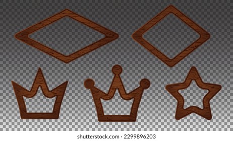 Wooden crown and star vector frame game ui border. Cartoon wood texture sign board rustic button badge. Brown rustic label boarder rhomb element. Medieval saloon farm empty nail bar painting icon