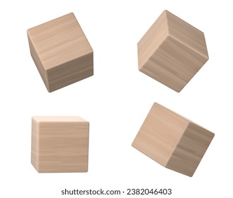 Wooden cube block for alphabet kids toy. 3d vector illustration of brown rectangular beam element with wood texture for child education and play. Mockup of timber square pieces in different angles