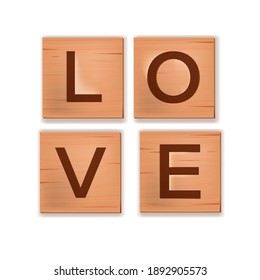 Wooden cube block letters English alphabet, word game spelling love isolated on white. Romantic creative postcard with engraved brown puzzle. Valentines Day simple wooden letters icon with shadow