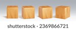 Wooden cube block realistic 3d vector illustration set. square platform or toy brick with wood texture. Cubic game 6 sides dice or education kid box element or rectangular podium and pedestal.