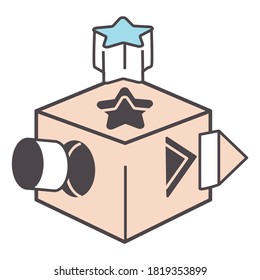 Wooden cube with geometric shapes for kid education, development and progress. Busyboard for tactile feelings of child. Motor skills, montessori cubic toy or dashboards. Vector in flat style