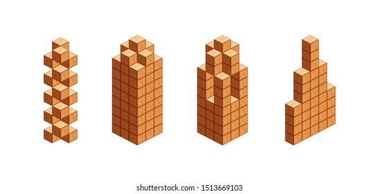 wooden cubes isometric for children learning, tower wood cubes sample different isolated on white, 3d cubes wood for logic counting of preschool children, block wooden square for mathematical game kid