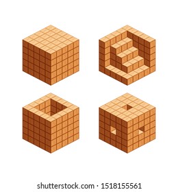 wooden cubes isometric for children learning, tower wood cubes sample different isolated on white, 3d cubes wood for logic counting of preschool children, block wooden square for mathematical game kid