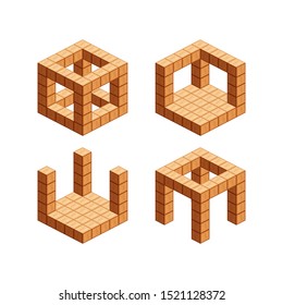 wooden cubes isometric for children learning, tower wood cubes sample different isolated on white, 3d cubes wood for logic counting of preschool children, block wooden square for mathematical game kid