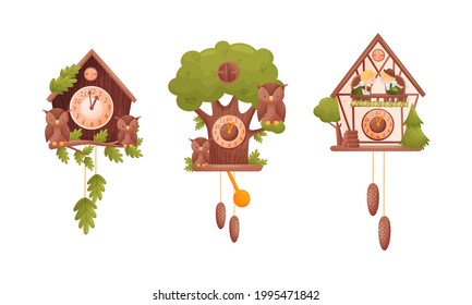 Wooden Cuckoo Clock with Hanging Pendulum and Bird Vector Set