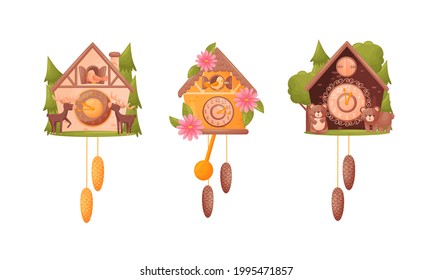 Wooden Cuckoo Clock with Hanging Pendulum and Bird Vector Set