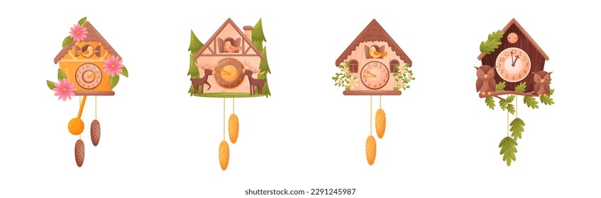 Wooden Cuckoo Clock with Hanging Pendulum Vector Set