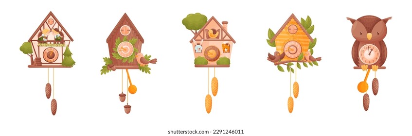 Wooden Cuckoo Clock with Hanging Pendulum Vector Set