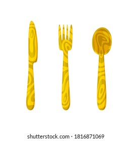 Wooden cultery. Ecological substitute for plastic cultery. Knife, fork and spoon made of wood. Isolated vector illustration in cartoon style