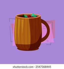 Wooden cup illustration. Wood, cup, berry, mulled wine, hot. Drinking concept. Vector illustration can be used for topics like cafe, cooking, drinking, kitchen