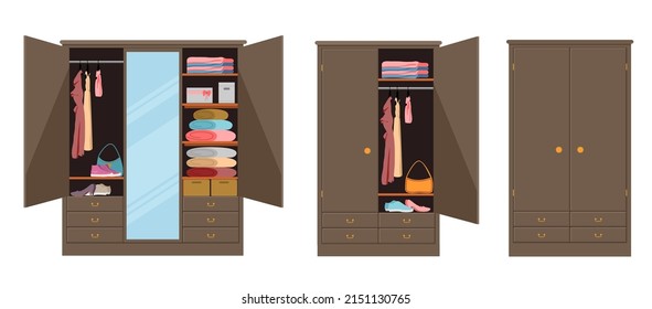 Wooden cupboard cartoon icon. Open closets cupboard wardrobe on white background. Closet with opening doors, clothing and shoes, hats and boxes. Wooden wardrobe with closed doors vector illustration