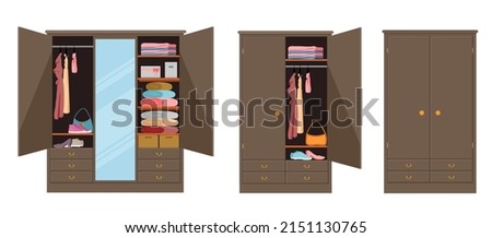 Wooden cupboard cartoon icon. Open closets cupboard wardrobe on white background. Closet with opening doors, clothing and shoes, hats and boxes. Wooden wardrobe with closed doors vector illustration