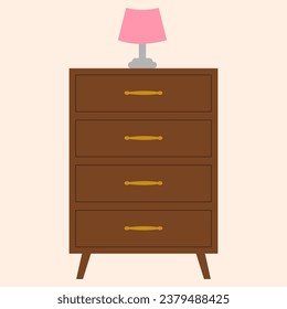 Wooden cupboard with four drawers and a pink lampshade on top.