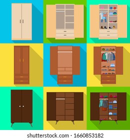 Wooden cupboard isolated flat icon. Vector illustration room furniture of wardrobe on white background . Vector flat set icon room cupboard.