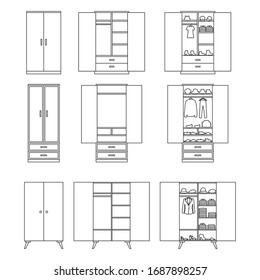 Wooden cupboard isolated outline icon. Vector illustration room furniture of wardrobe on white background . Vector outline set icon room cupboard.