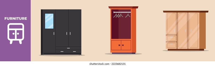 Wooden cupboard set and hanger. Modern Furniture set concept. Colored flat graphic vector illustration isolated. 