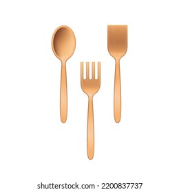 Wooden cutlery, disposable fork, spoon and spatula isolated on white background. Bamboo table setting for food, natural eco recycle reusable material. Realistic 3d vector illustration