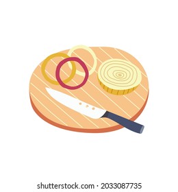 Wooden cutten board knife onion slicer. Preparing the ingredients for cooking. Vector vegetable hand drawn