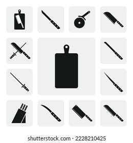 Icono de telaraña plana de cartón de madera. Silueta del signo de la placa de corte Rectangle. Tablero de corte con diseño de vector de icono sólido negro, recorte de dibujos animados. Juego de iconos de utensilios de cocina. Icono de herramientas de cocina