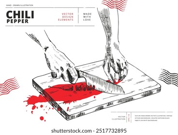 Tábua de corte de madeira, mãos, faca e vista superior de pimenta picada. Ilustração vetorial desenhada à mão do contorno. Fundo de cozinha vintage. Objetos pretos de hachura isolados. Conjunto de imagens de rabiscar.