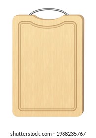 Wooden cutting board for kitchen. Cooking food tool simple design vector illustration. Empty clean plank for chopping with smooth surface, border and handle on white background.