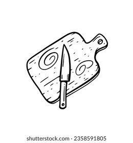 Wooden cutting board and kitchen knife. Black color sketch art style. Flat design vector illustration. Isolated on white background.