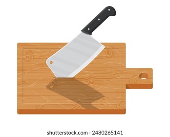 Holzschneidebrett und Küchenmesser. Metzger-Schermesser und Hackbrett. Utensilien, Haushaltsbesteck. Kochen, Haushaltsküchenartikel. Vektorillustration im flachen Stil