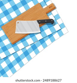 Holzschneidebrett und Küchenmesser. Tisch mit Tischdecke. Metzger-Schermesser und Hackbrett. Utensilien, Haushaltsbesteck. Kochen, Haushaltsküchenartikel. Vektorillustration im flachen Stil