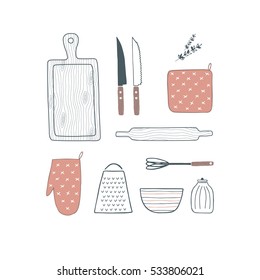 Wooden cutting board, knife, whisk, bowl, grater, rolling pin, oven mitt, pot holder, jar set. Hand drawn cooking utensils. Cookware, kitchenware, kitchen utensils. Vector illustration. Isolated