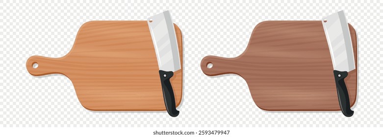 Wooden Cutting Board with Meat Cleaver, Vector Illustration. Kitchen Chopping Board for Food Preparation. Butcher Knife for Meat Cutting. Kitchenware for Cooking, Culinary Tool for Restaurants