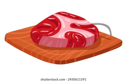 Wooden cutting board with a piece of fresh meat. Vector illustration. The ingredient for cooking. Ideal for demonstrating recipes, cooking techniques, butcher shop promotions and cooking tutorials