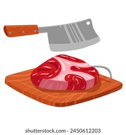 A wooden cutting board for cutting with a piece of fresh meat and a large knife on top. Ideal for demonstrating recipes, cooking tips, cookware commercials and cooking tutorials. Vector illustration o