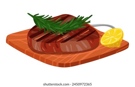 Wooden cutting board with roast meat steak. Barbecue meat with rosemary, lemon. Vector illustration. Finished dish. Ideal for demonstrating recipes, cooking techniques in butchers, cooking tutorials