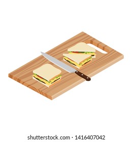 Wooden cutting board, sandwich and knife isolated on white background