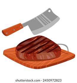 Wooden cutting board for slicing grilled meat with a large knife. Ready-made barbecue dish. Ideal for demonstrating recipes, cooking tips, advertising dishes, cooking tutorials. Vector illustration