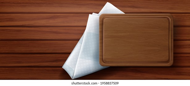 Tablero de madera sobre la servilleta de la cocina y vista de la superficie de la mesa de madera. Bandeja rectangular vacía sobre un mantel blanco plegado, utensil ecológico de fondo vectorial 3d realista de material natural