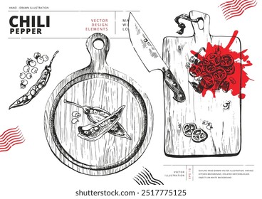 Wooden cutting boards and chopped chili peppers top view. Outline hand drawn vector illustration. Vintage kitchen background. Isolated hatching black objects on white background.