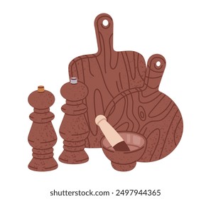 Wooden cutting boards. Kitchen chopping boards, salt and pepper mills and wooden mortar, household kitchen utensils flat vector illustration. Wood texture chopping boards