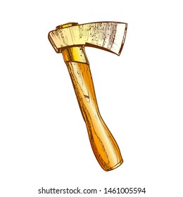 Wooden Cutting lumberjack Instrument Ax Vector. Ax Equipment For Chopping Forester And Firewood For Winter. Metallic Sharp Blade Head And Timbered Handle Designed In Vintage Style Color Illustration