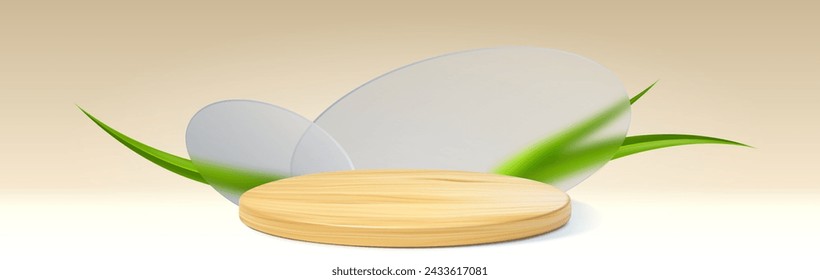 Podio de cilindro de madera con hoja verde o hierba y decoración de vidrio sobre fondo degradado beige pastel. Ilustración vectorial realista de la plataforma marrón natural de la exhibición del producto con la textura de madera.