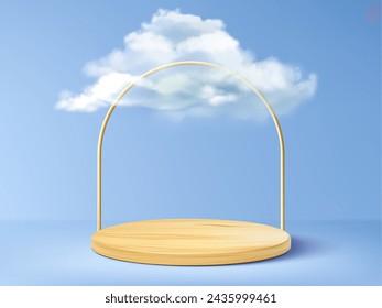 Wooden cylinder podium with white fluffy cloud on pastel blue background. Realistic vector illustration of natural sky minimal composition with brown product display platform with wood texture.